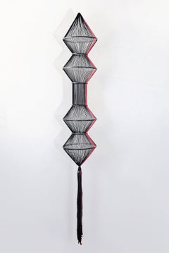 Weave #1 - contemporary abstract hanging sculpture, red, black, thread, wool