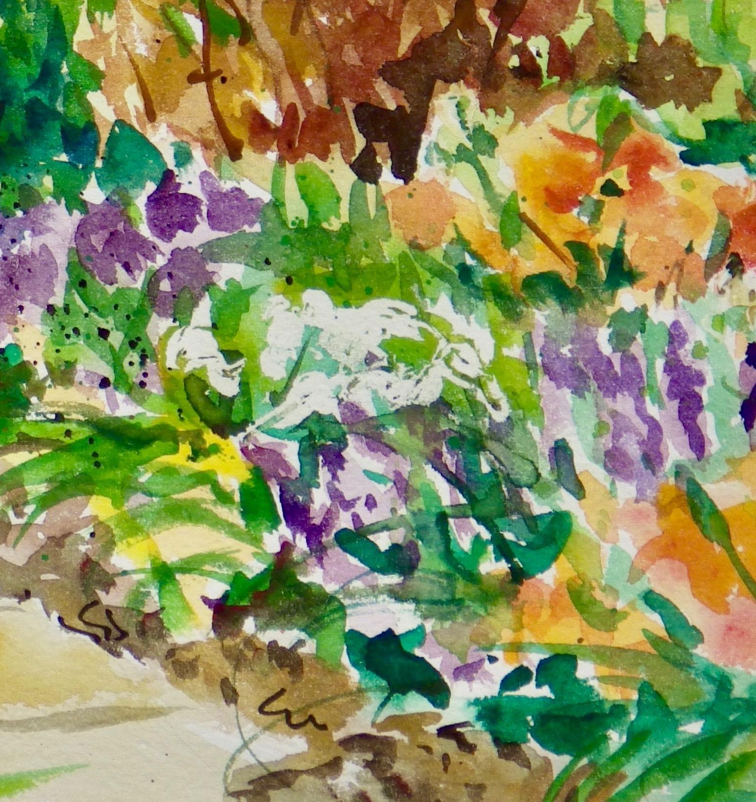 Jardin Portico, aquarelle originale signée Impressionniste Floral Garden sur papier - Marron Landscape Art par Ingrid Dohm