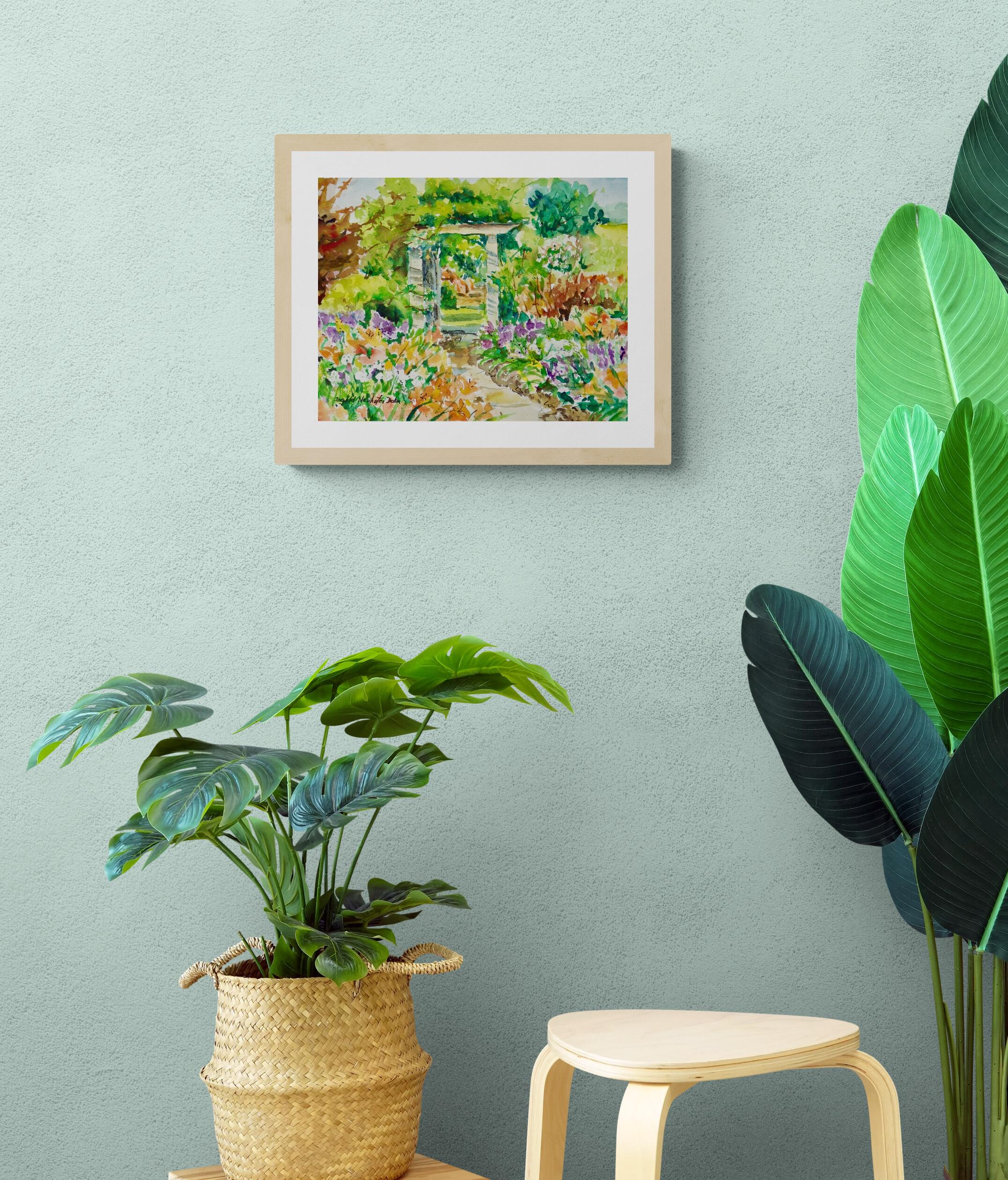 Garden Portico, Original Signed Impressionist Floral Garden Watercolor on Paper For Sale 1