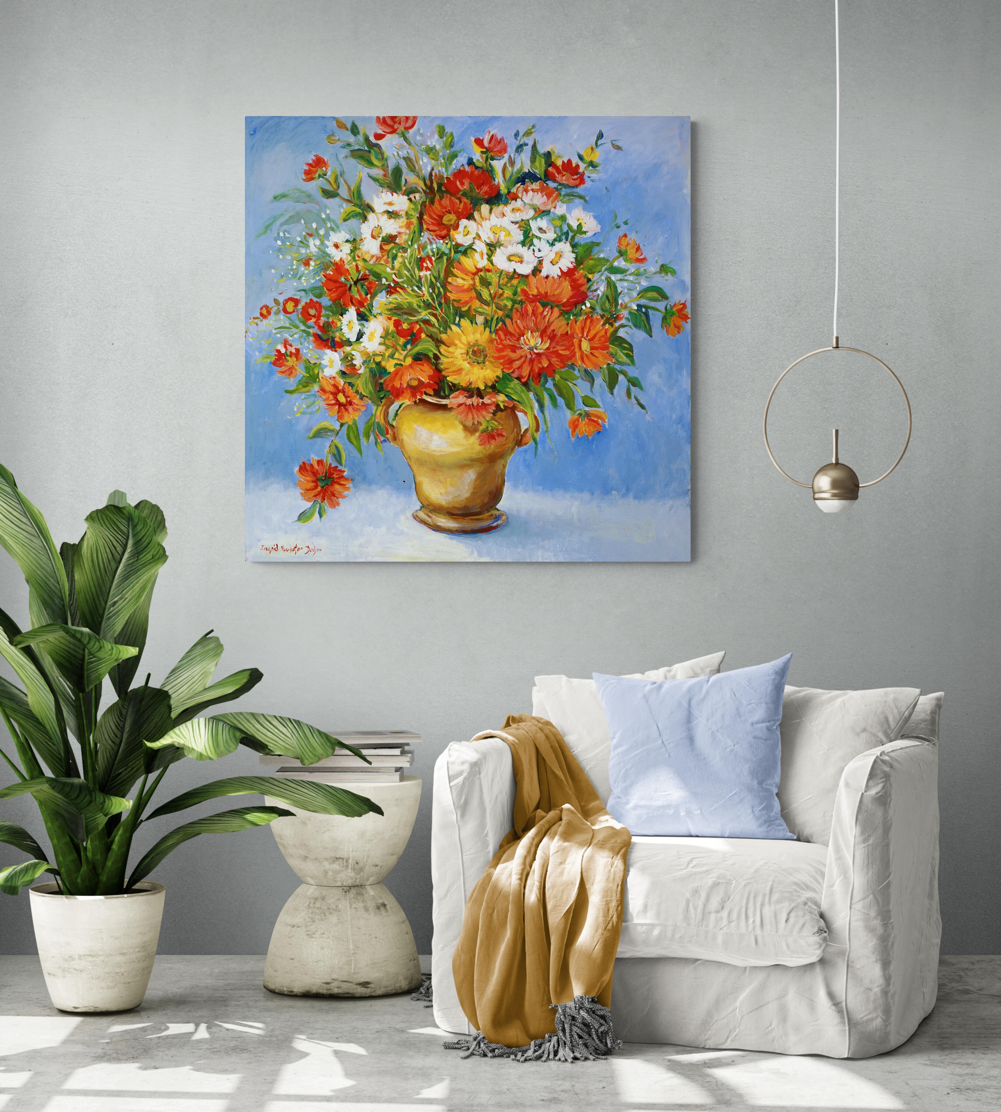 Zinnias, Original Signed Contemporary Impressionist Floral Still Life Painting For Sale 2