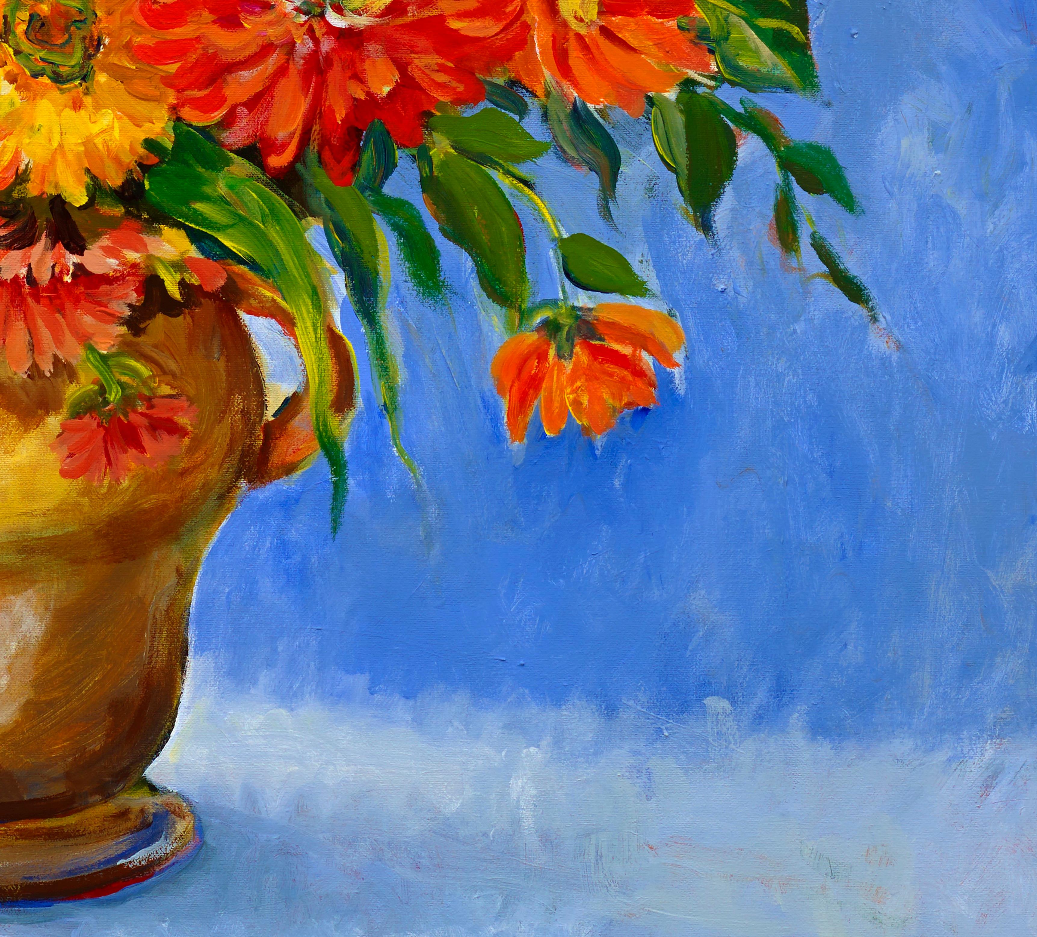Zinnias, Original Contemporary Impressionist Floral Still Life Painting, 2014
36