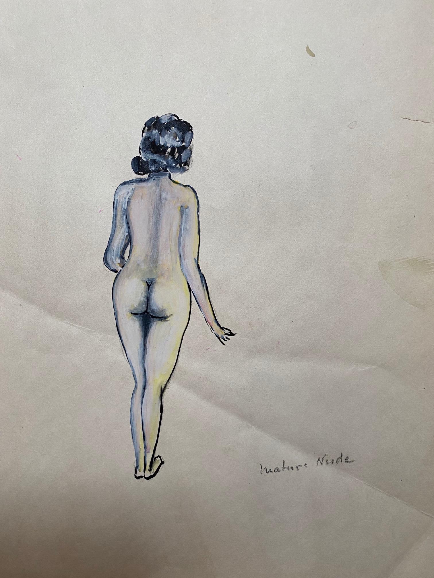 Tusche und Gouache-Zeichnung einer nackten Frau von hinten