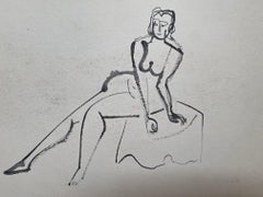 Vintage Nude in Black ink Reclining, Black ink on ivory paper