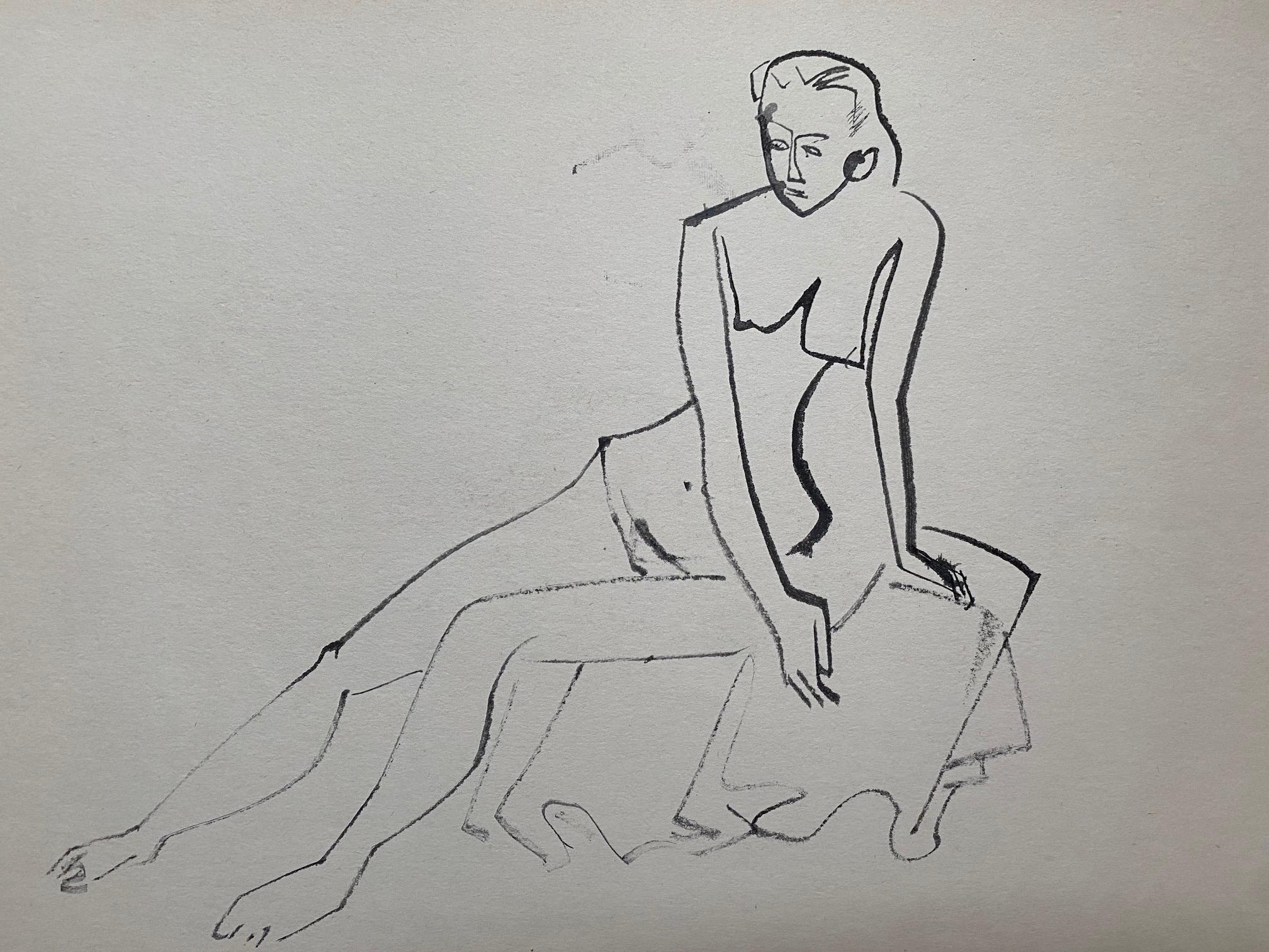 Reclining Nude in black ink on buff paper - Art by John Begg