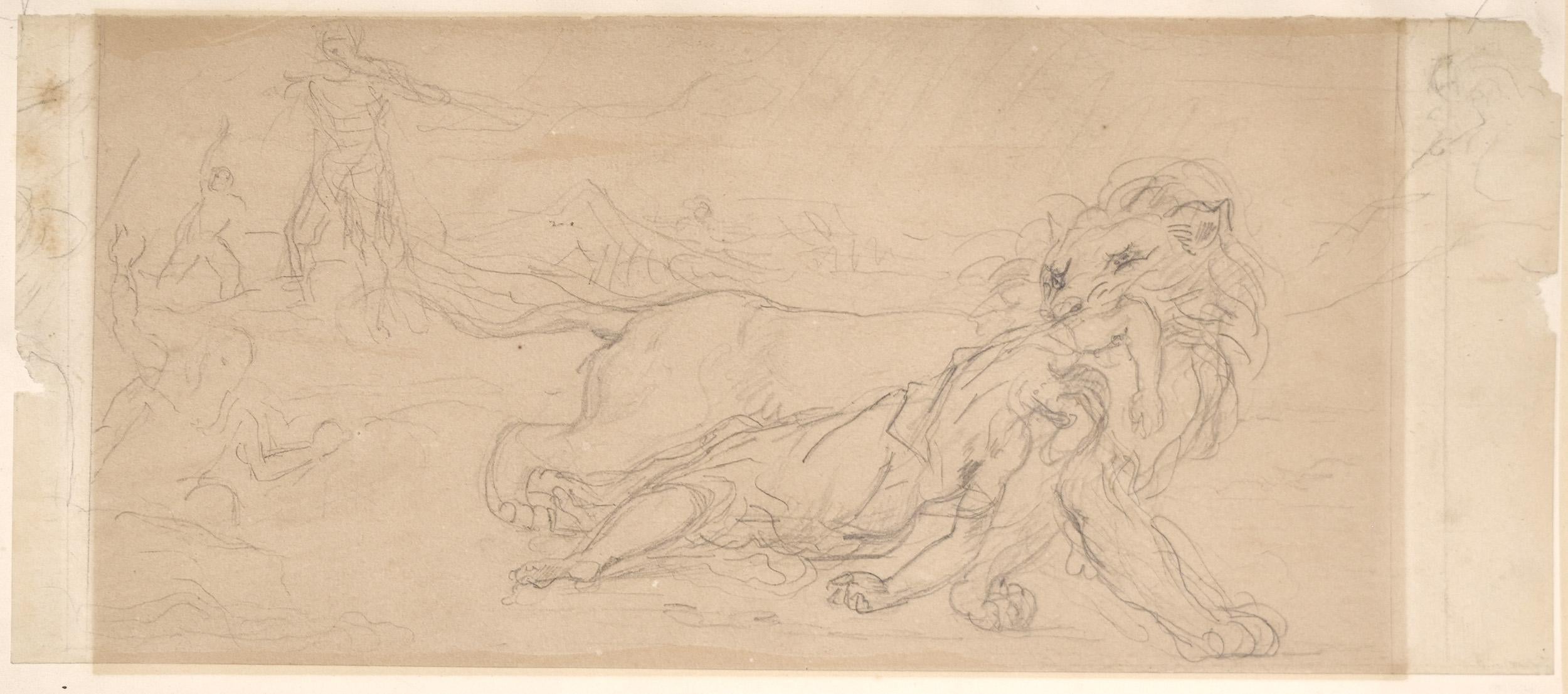 Étude Pour Une Chasse au Lion - Marron Animal Art par Eugene Delacroix