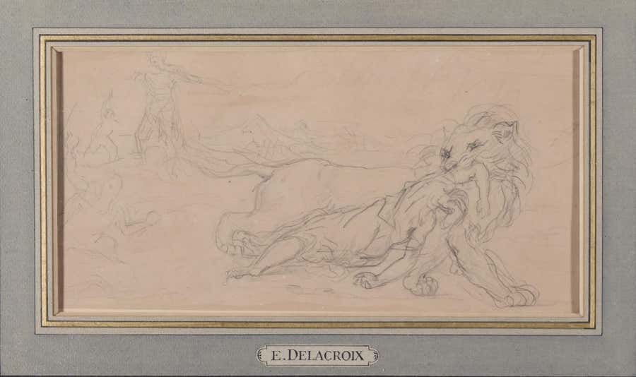 Étude Pour Une Chasse au Lion, Romantic Drawing, Mid-19th Century