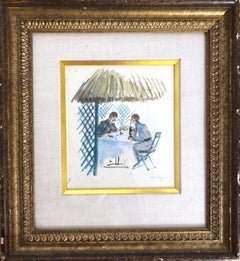 Two Seated Men Watercolor Drawing, Signed, 20th Century, Framed