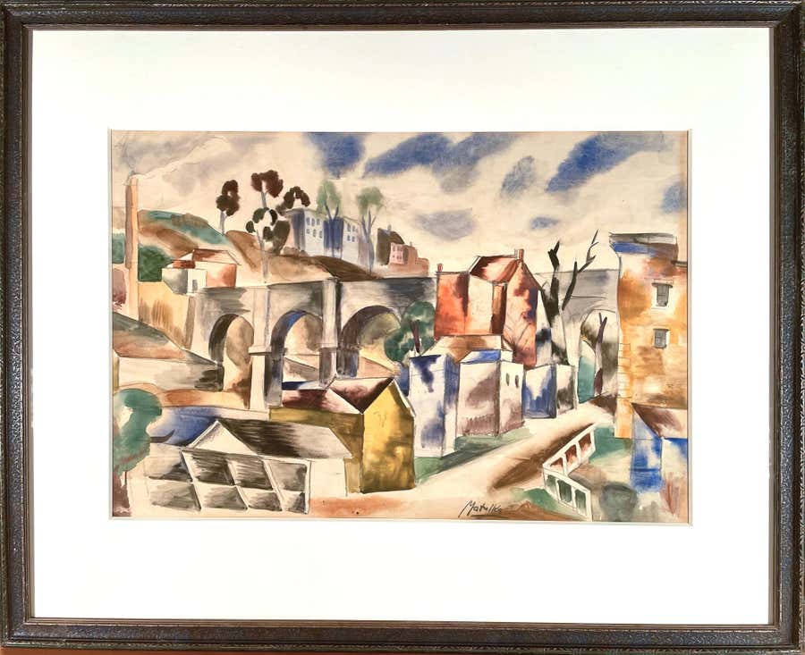 Cubist City Scene Drawing, Pencil & Watercolor, Signed, 20th Century