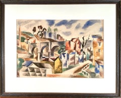 Cubist City Scene Drawing, Pencil & Watercolor, Signed, 20th Century