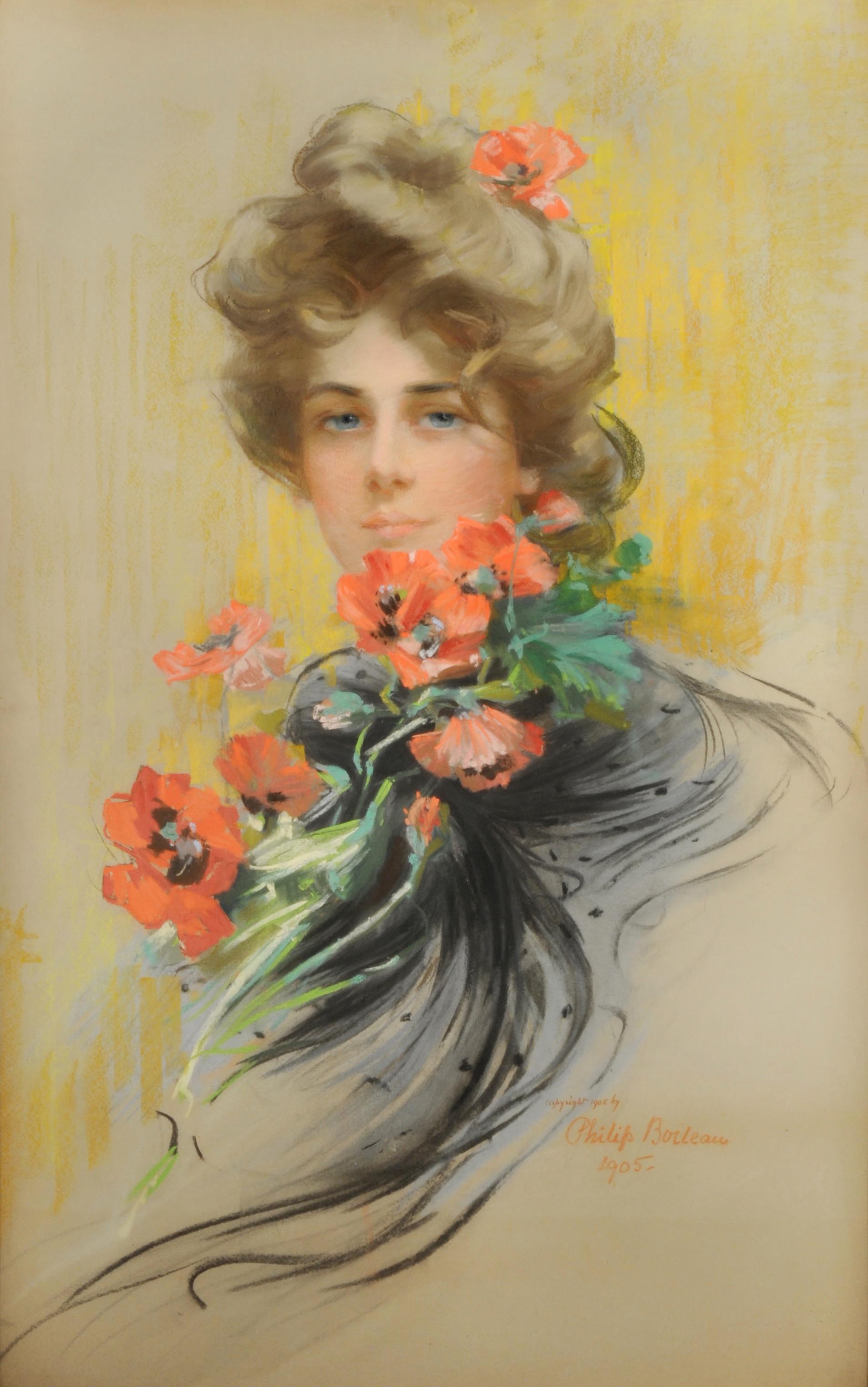 Mujer con amapolas rojas