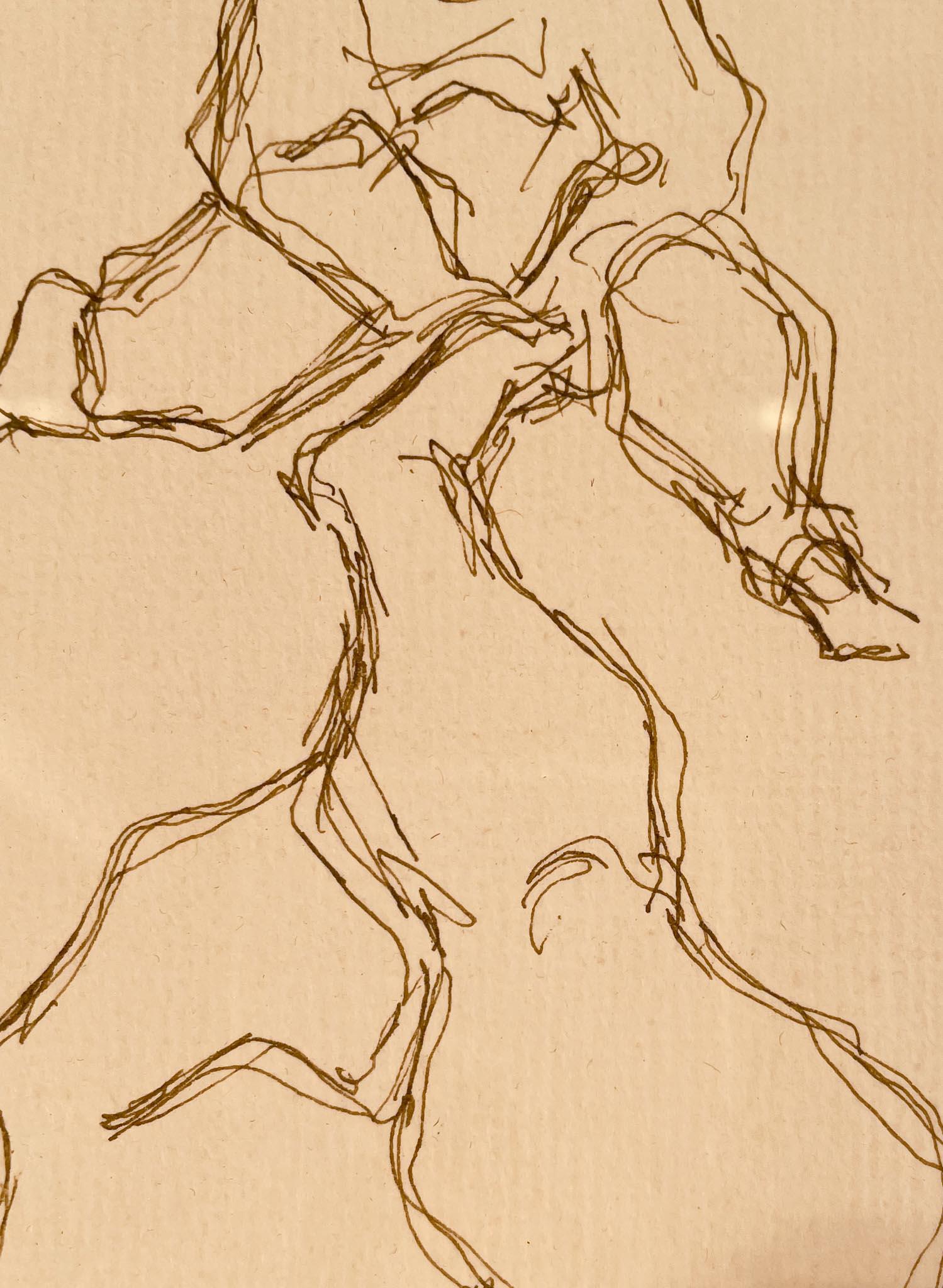 Study for Sculpture of Nude Woman Balancing Baby, 1949, by Chaim Gross (1902-1991)
Ink on paper
10 ½ x 7 ½ inches unframed (26.67 x 19.05 cm)
16 ½ x 13 ¾ inches framed (41.91 x 34.925 cm)
Signed and dated on bottom right

Description:
Chaim Gross