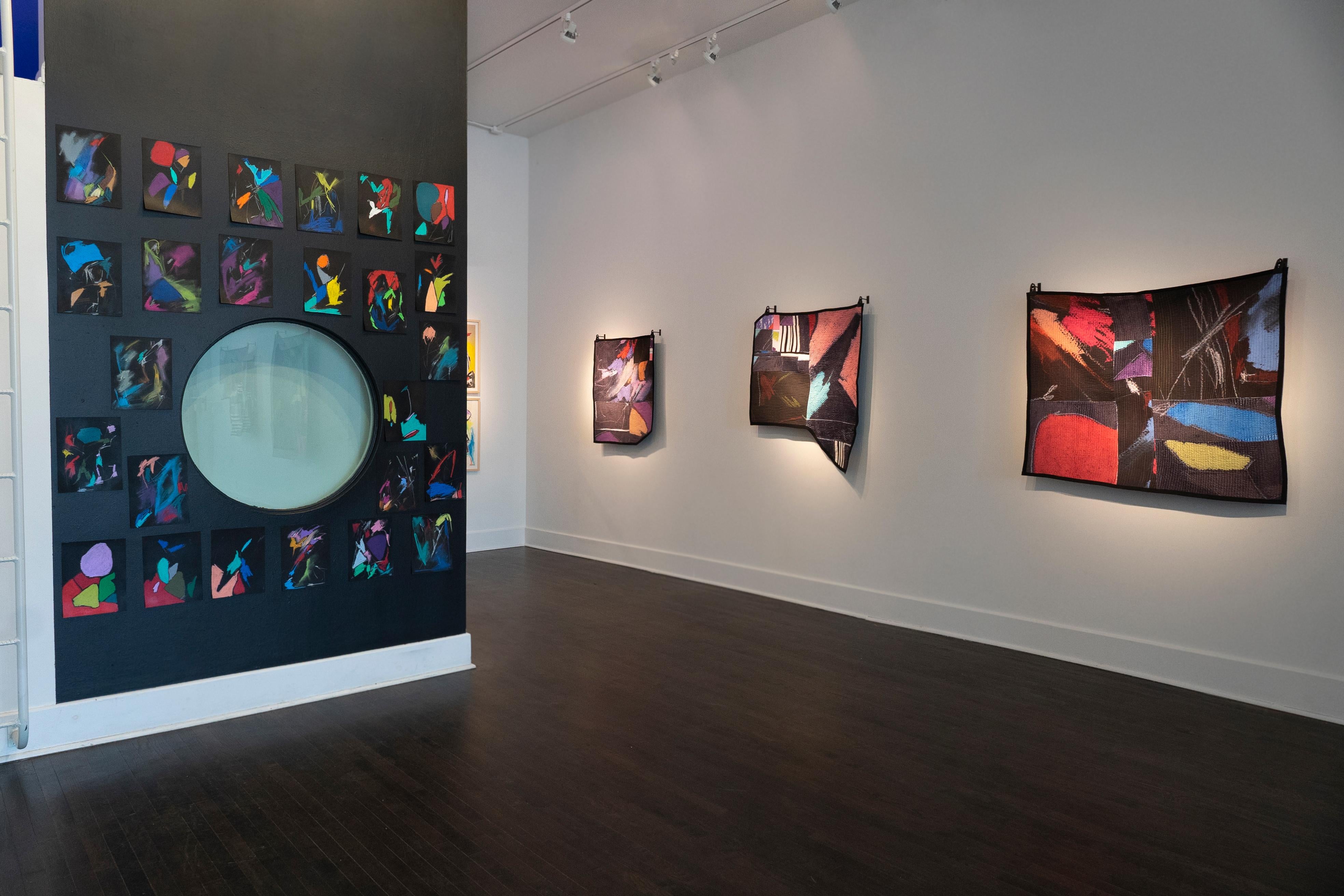 Plush Velvet, Satin, and Calico Cotton, 49.5 x 42 inches, 2022 (Hanging hardware included)

Julian J. Jones quilts made from images taken from the artist’s gestural, abstract drawings (also on view) inspired by traditional African American quilting.