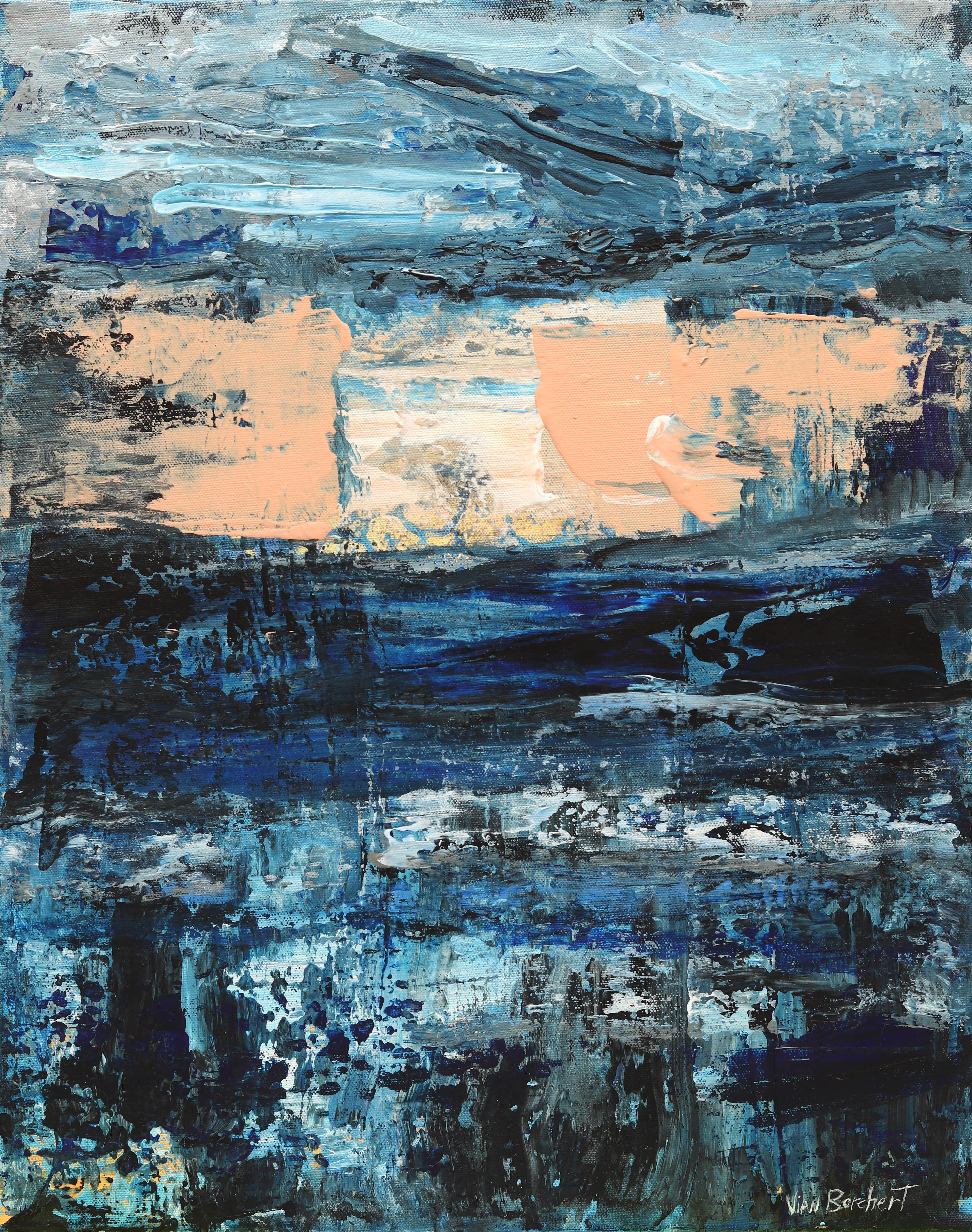 Vian Borchert Abstract Painting – Pfirsichfarbenes Licht - abstraktes, blaues Leinwandgemälde mit Linien