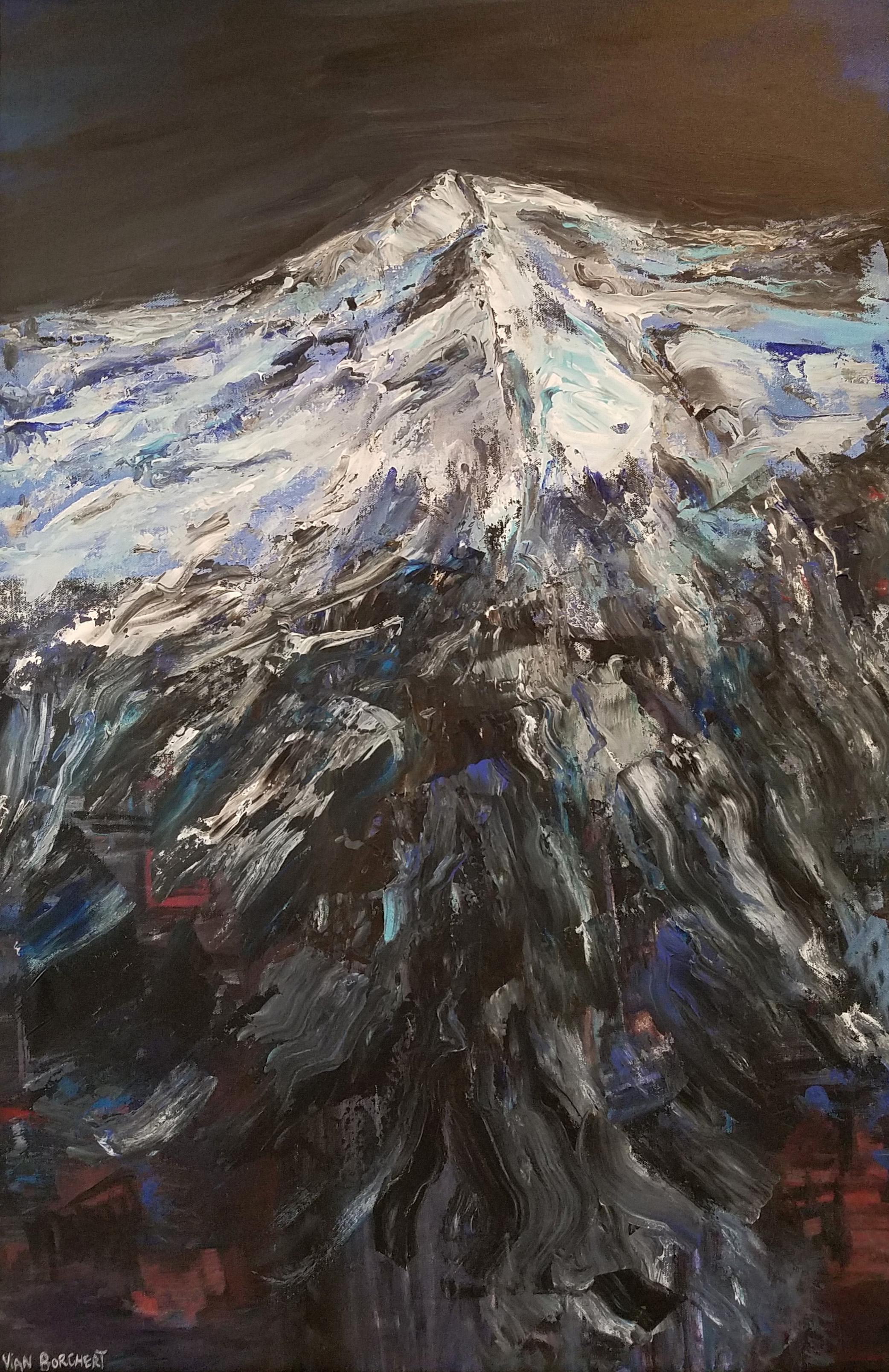 Landscape Painting Vian Borchert - Montagne de neige - abstrait, acrylique bleu sur toile, Grand Abstrait Modern Contempo
