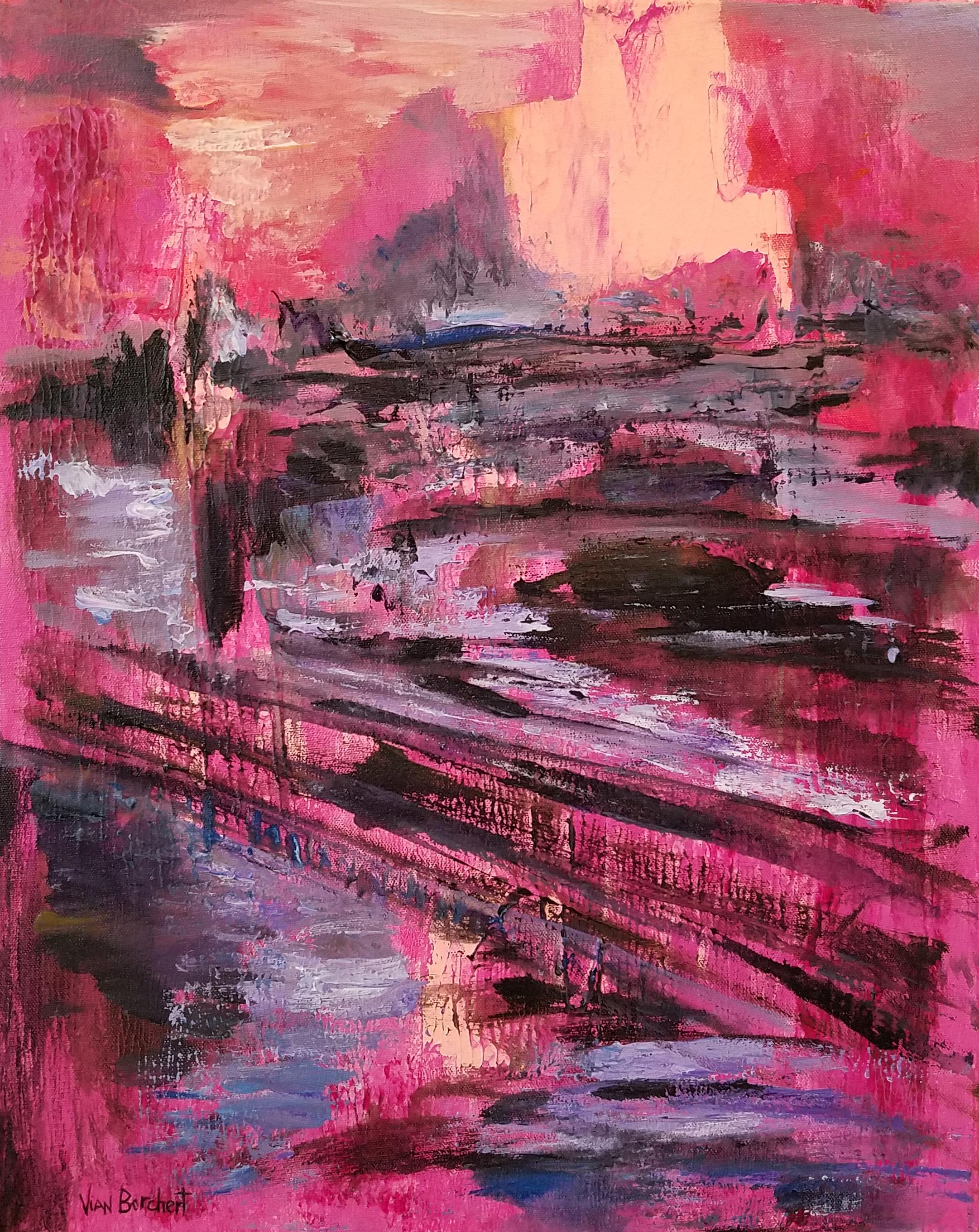 Vian Borchert Abstract Drawing - London Times – (abstract, red painting, pink painting, peach, pink, red, purple,