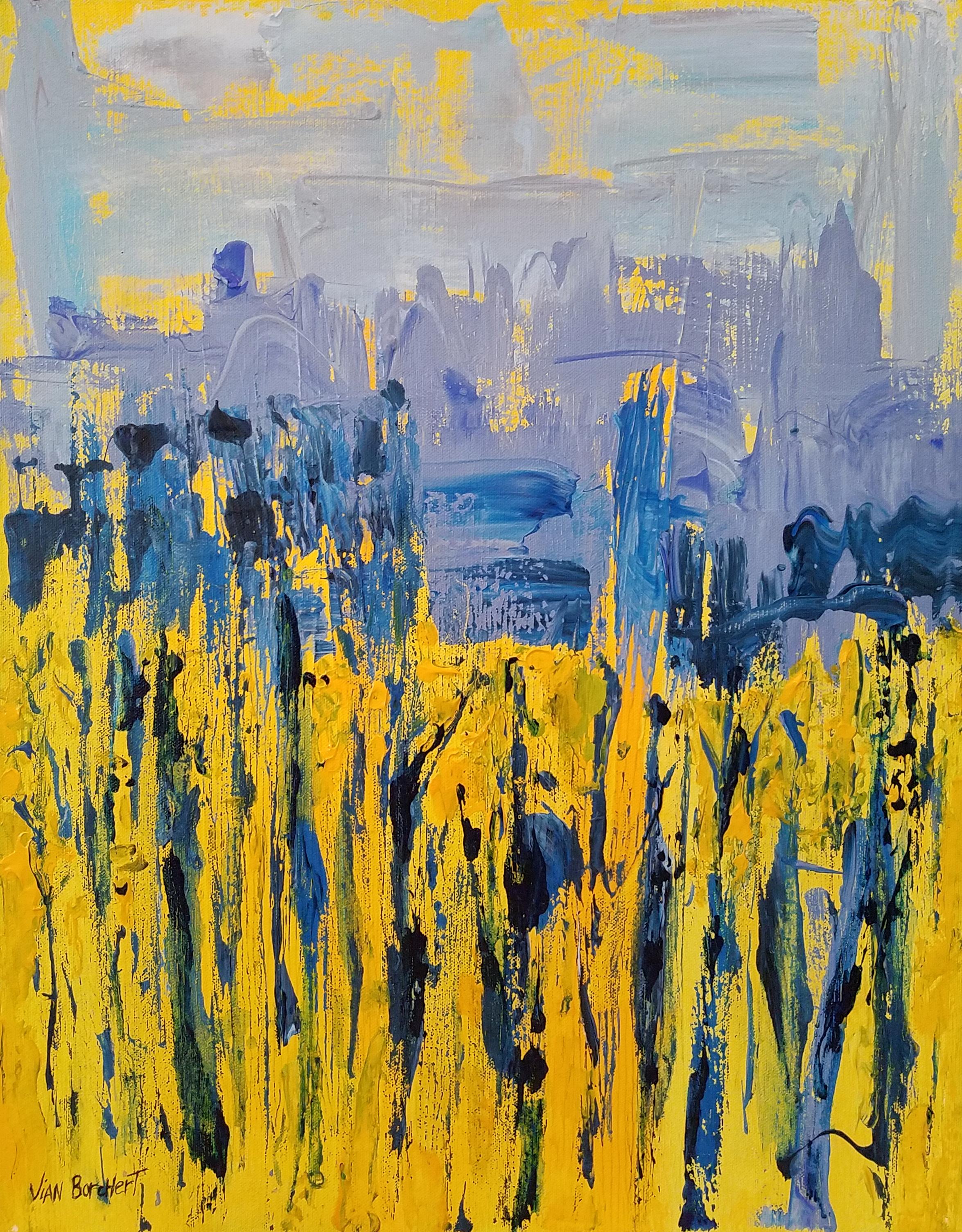 City Woods – Yellow, Purple, Lavender, yellow painting, blue, grey, lavender haz
