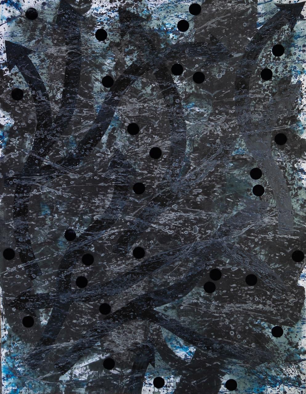 Viktoria Nygren Abstract Drawing - ”PERFECT STORM” -  abstract, dark blue, black, collage, ink