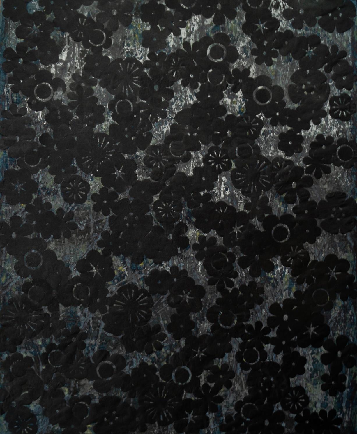 ”DARK MEADOW” -collage, black textilepaint on silktextilecanvas, silk applicatio