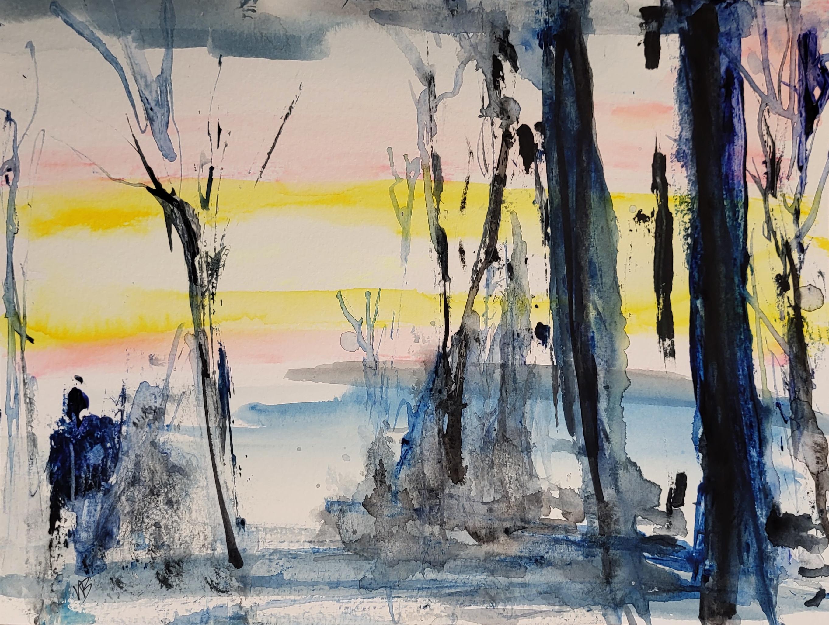 Vian Borchert Abstract Drawing - Sunset by the River -  (Watercolor, Landscape, Sunset painting, landscape
