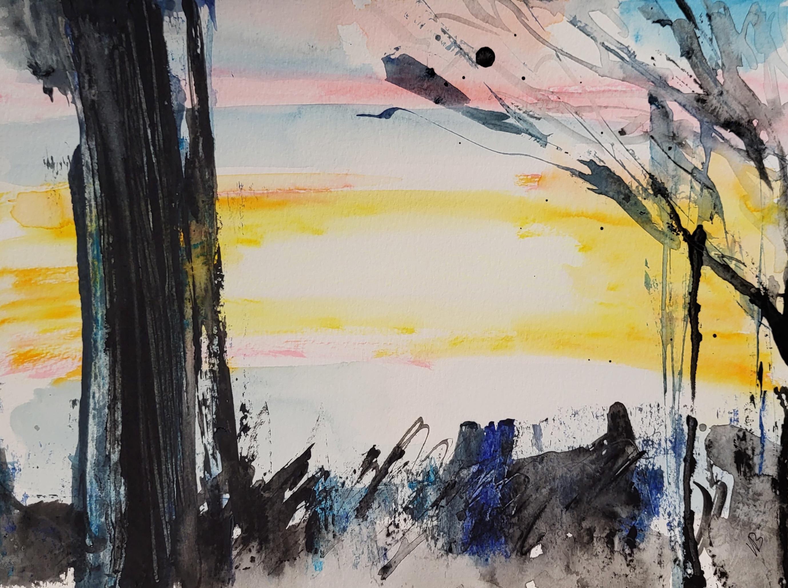 Vian Borchert Abstract Drawing - Sunset, Look Out! -  (Watercolor, Landscape, Sunset painting, landscape