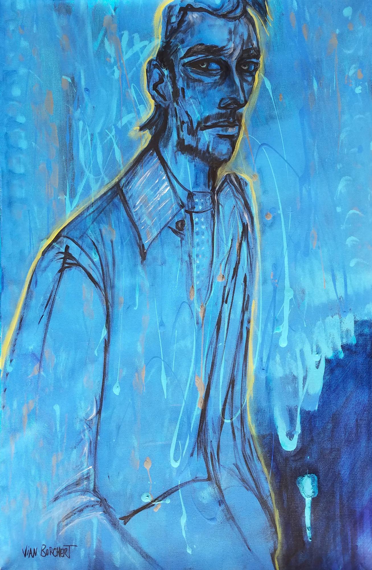 Abstract Drawing de Vian Borchert - El hombre de la hora - (Acrílico sobre lienzo, Pintura figurativa, hombre, estilo