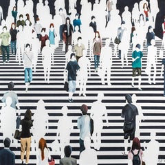 "El Centro De Atención" Oil painting of people on a black and white crosswalk