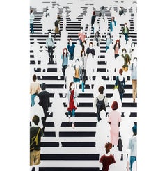"Sinfín" Oil painting of people on a black and white crosswalk