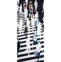 "La Chica De Amarillo" Oil painting of people on a black and white crosswalk