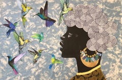 "Nectar" mixed media portrait of a woman and hummingbirds from a profile view