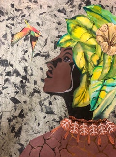 "Speaking with the Ancestors" mixed media portrait of a woman and a hummingbird