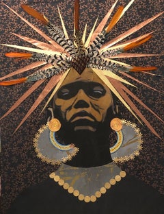 "Gracious King" Mixed media portrait of a man with a large feather crown