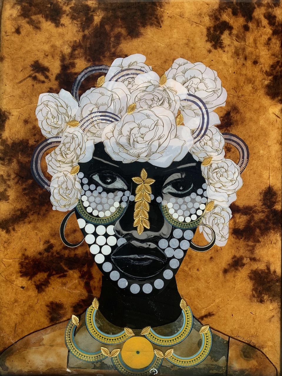 Janice Frame Portrait Painting - "Gentle Woman" Mixed media portrait of woman with gold and white flora in hair 