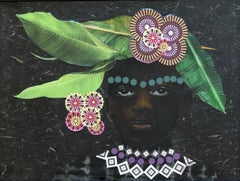 "Noble Son" mixed media portrait of a black man with crown of leaves and flowers