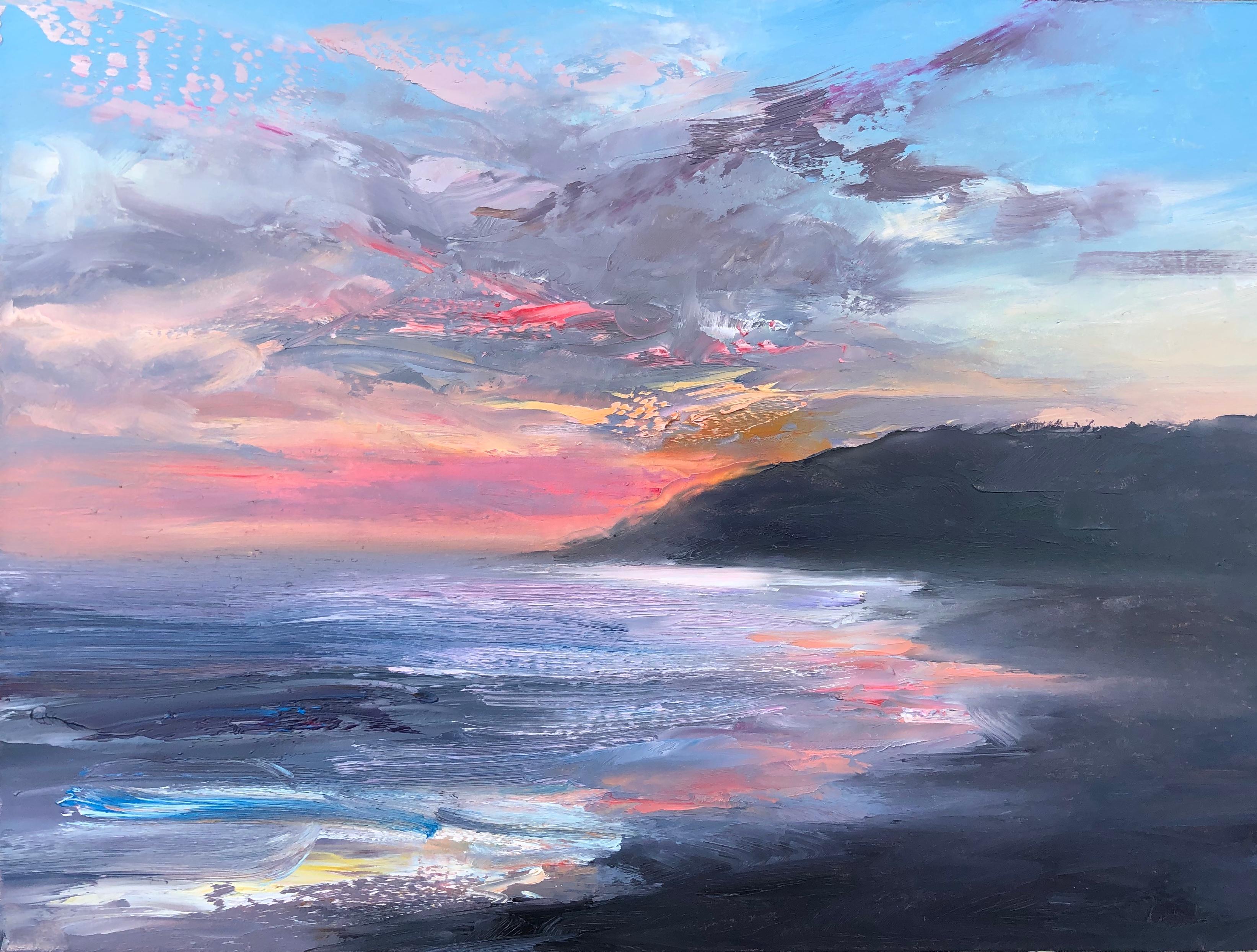 Whitney Knapp Landscape Painting - "Atlantic Evening" oil painting of pink sunset and clouds over the ocean shore