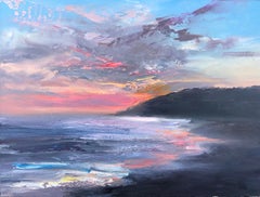 "Atlantic Evening" oil painting of pink sunset and clouds over the ocean shore