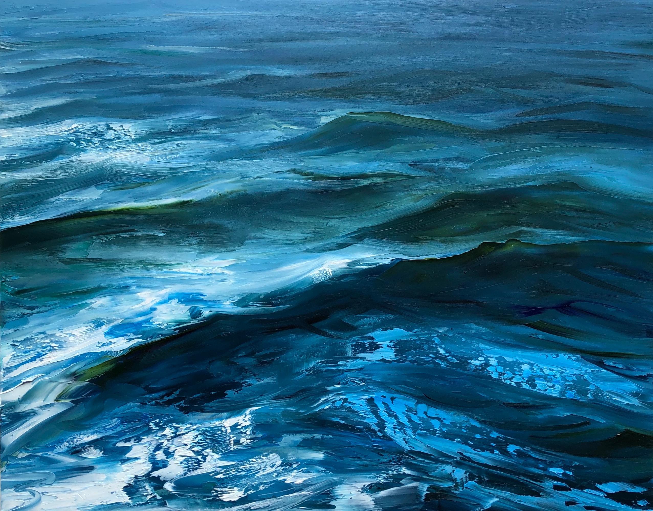 Whitney Knapp Landscape Painting – „Crossing“ Ölgemälde mit Wellen in einem tiefblauen Ozean