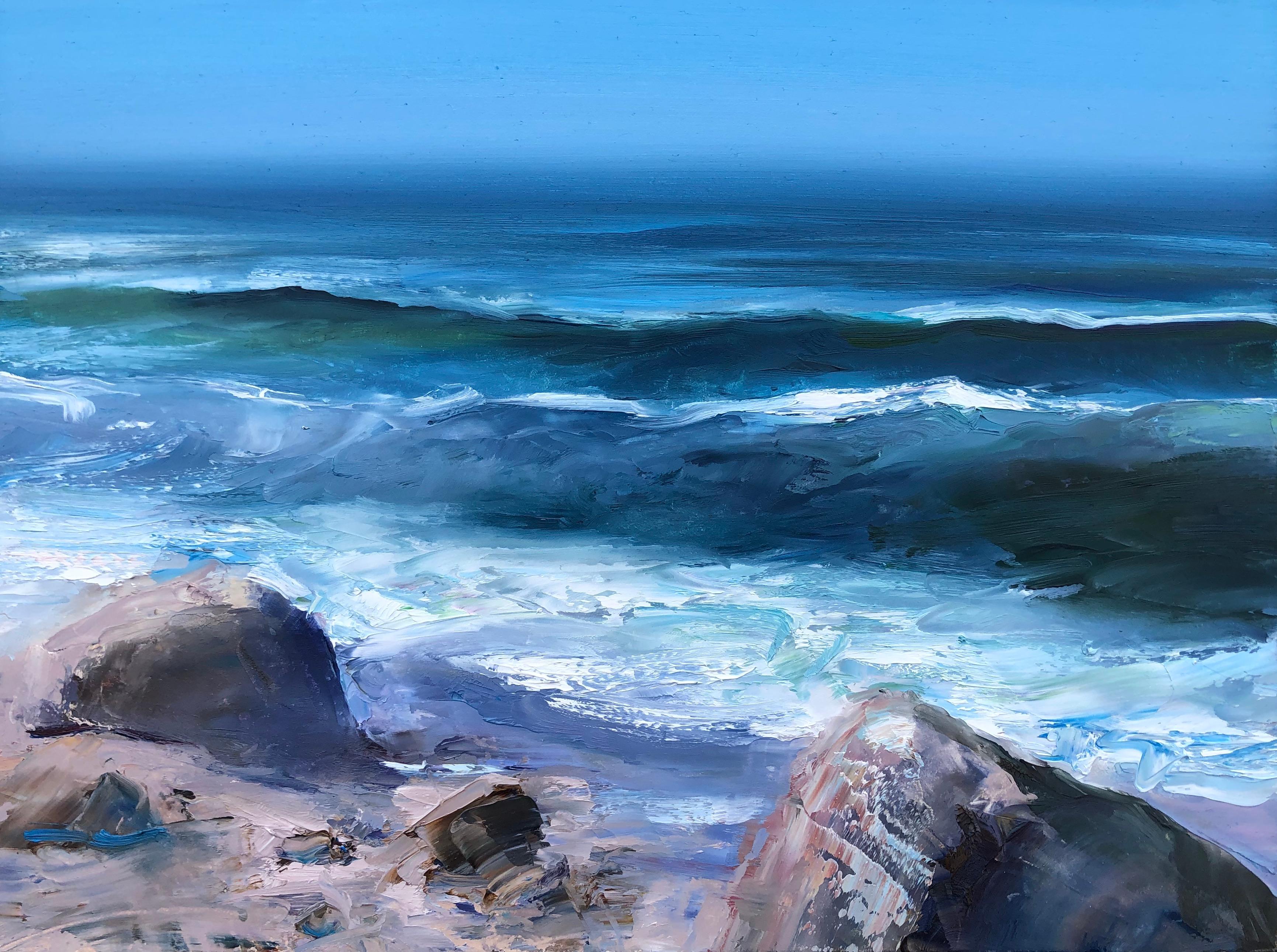 Whitney Knapp Landscape Painting - "Rocky Shoreline" oil painting of blue waves crashing on rocky shore