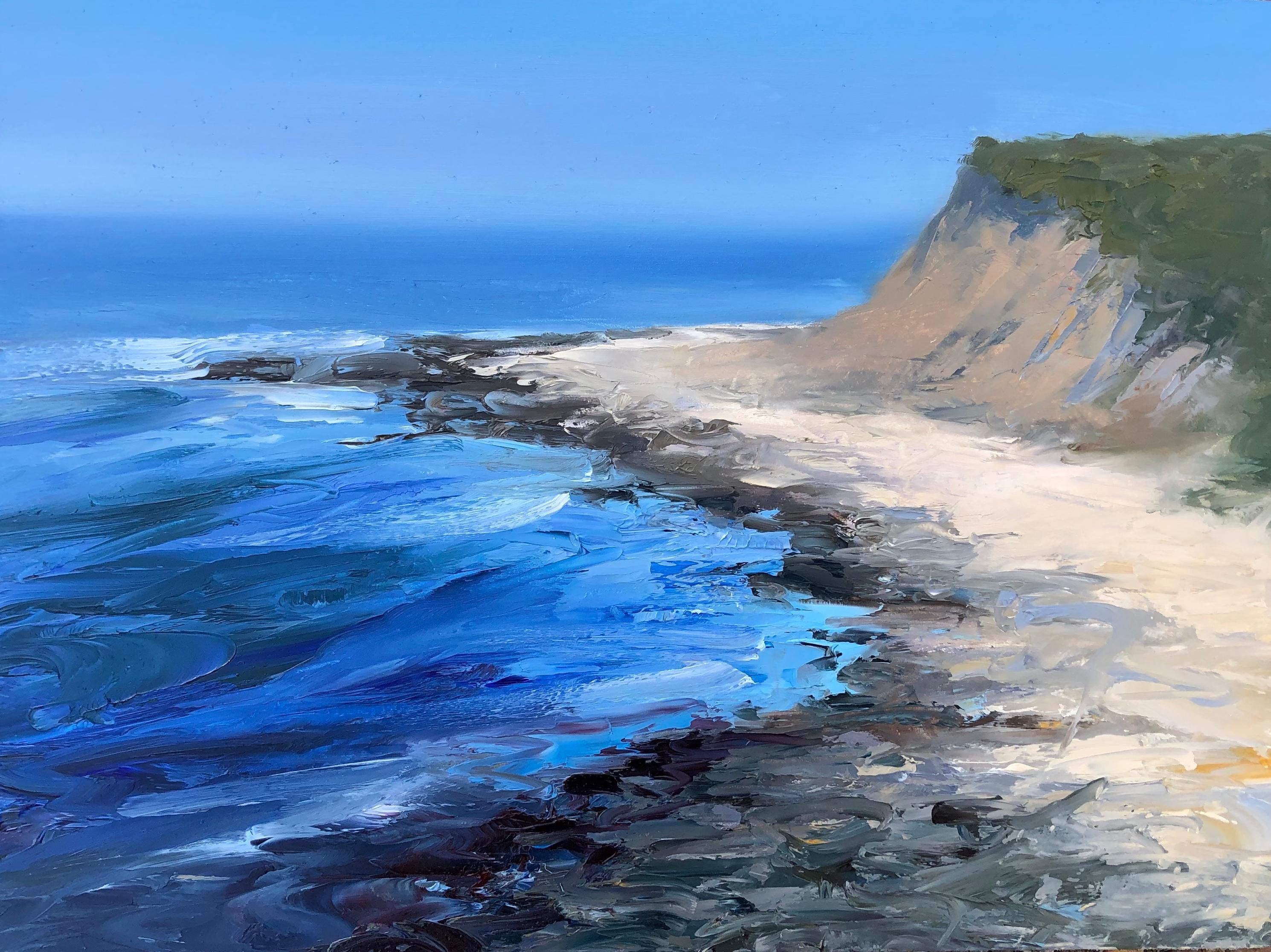 Whitney Knapp Landscape Painting - "Cerulean Cove" oil painting of cliffs and blue crashing waves on the shore