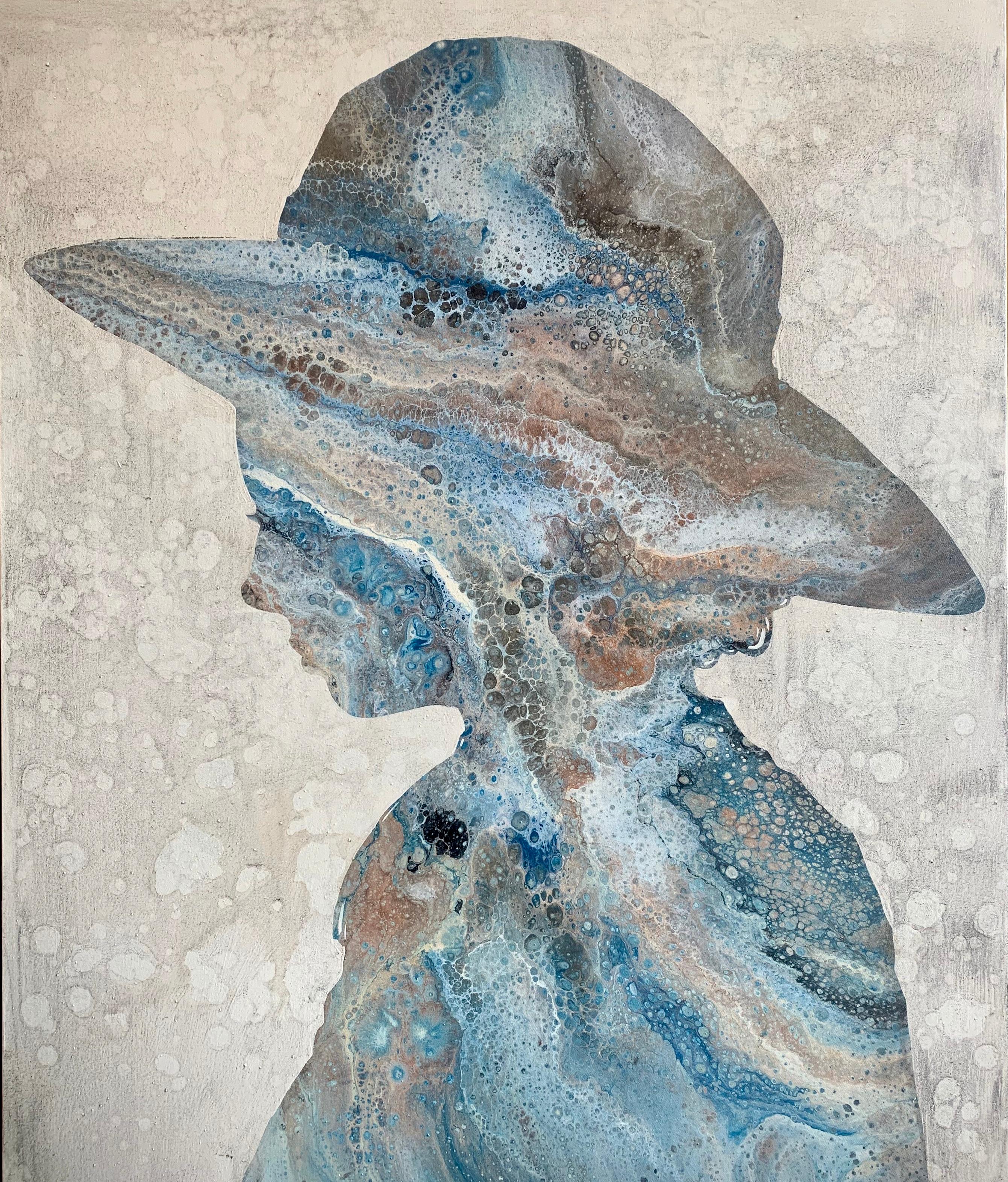 Christopher Peter Figurative Painting - "Splash Silhouette" female silhouette wearing sun hat with blue and brown marble
