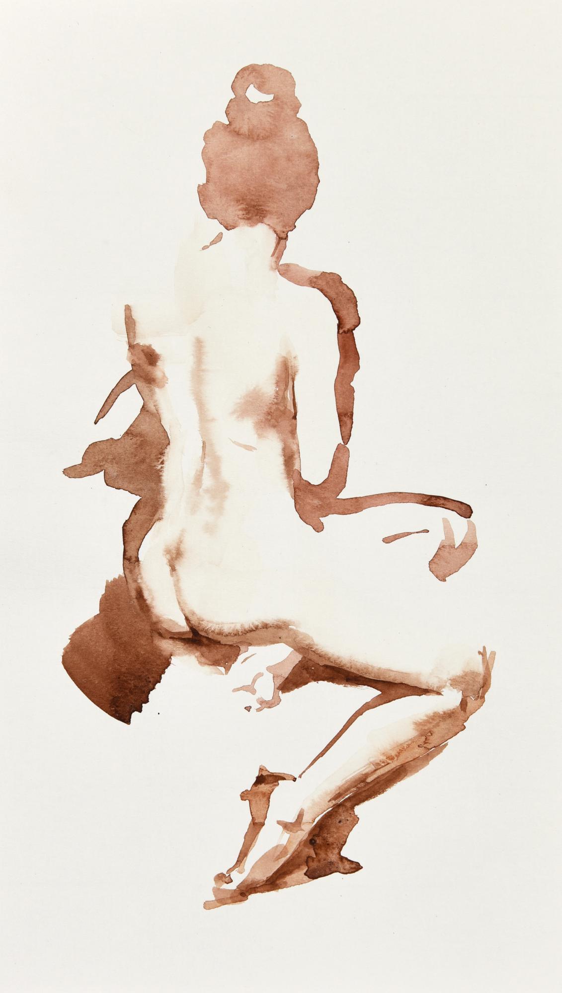Wendy Artin Figurative Art - "Taylor Sitting" sepia watercolor gesture painting of a nude figure from behind