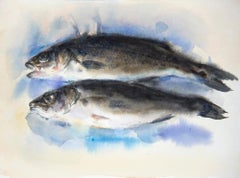 "Two Spigole" watercolour painting of two fish with blue behind