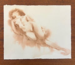 "Natalia" sepia watercolor gesture painting of a nude female figure laying back