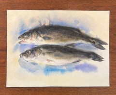 "Two Spigole" watercolor painting of two fish with blue behind