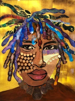 "Strength and Power" Mixed media African portrait with face paint and gold back
