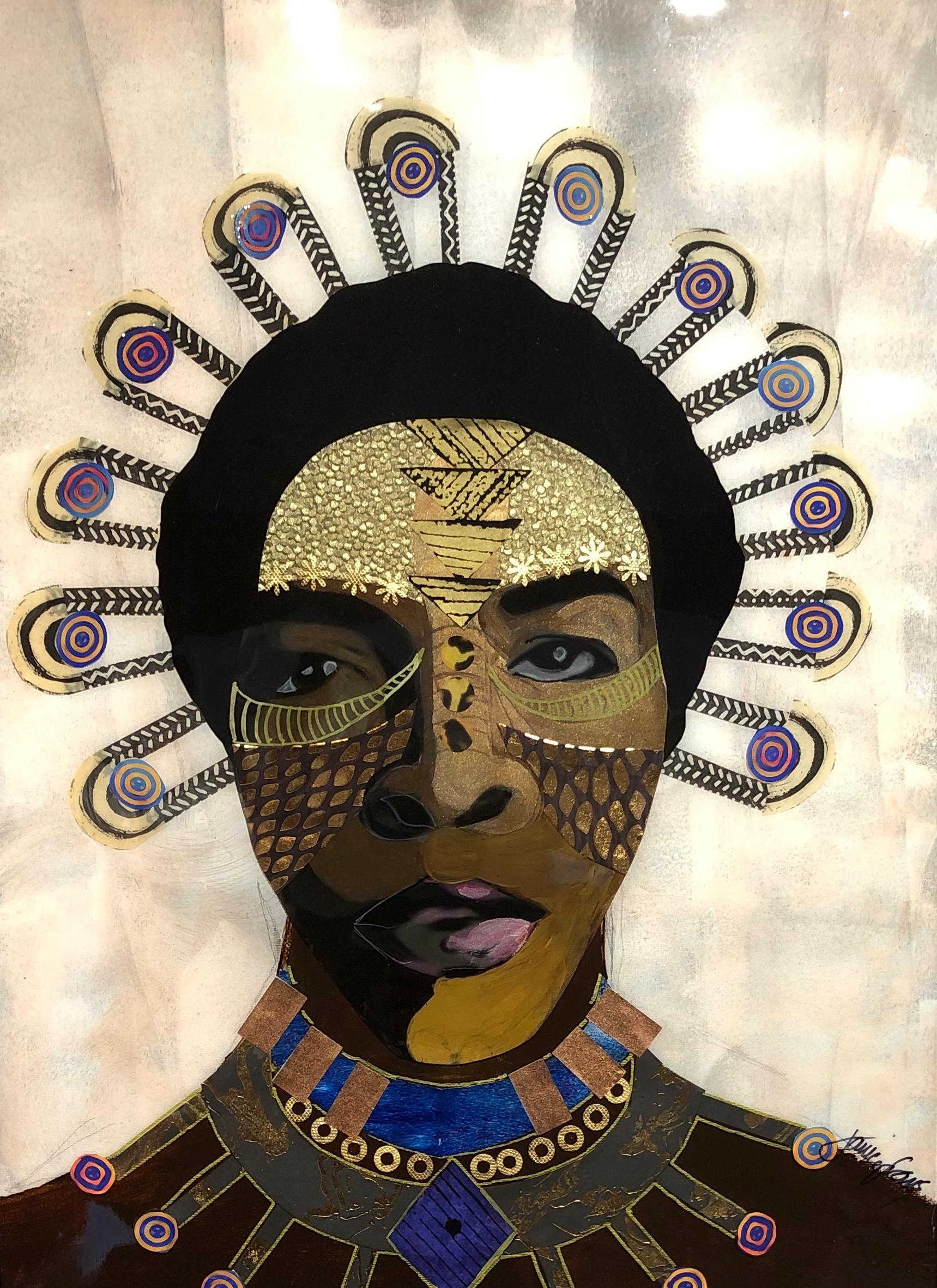 Janice Frame Portrait Painting - "Africa To Me" Mixed media portrait with gold face paint and tribal necklace