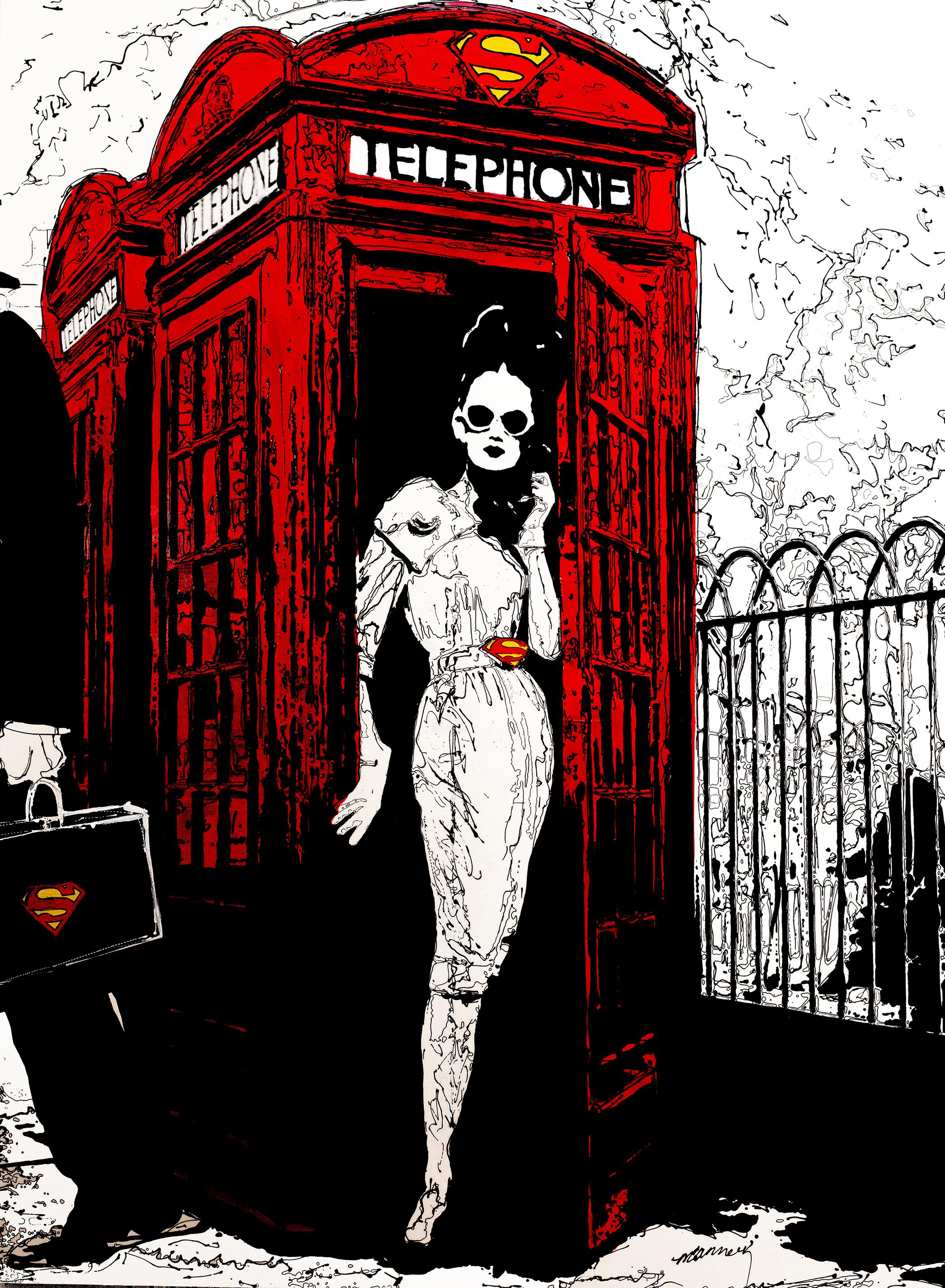 Holly Manneck Figurative Painting - "You Rang Me" a woman poses in a red telephone box wearing sunglasses