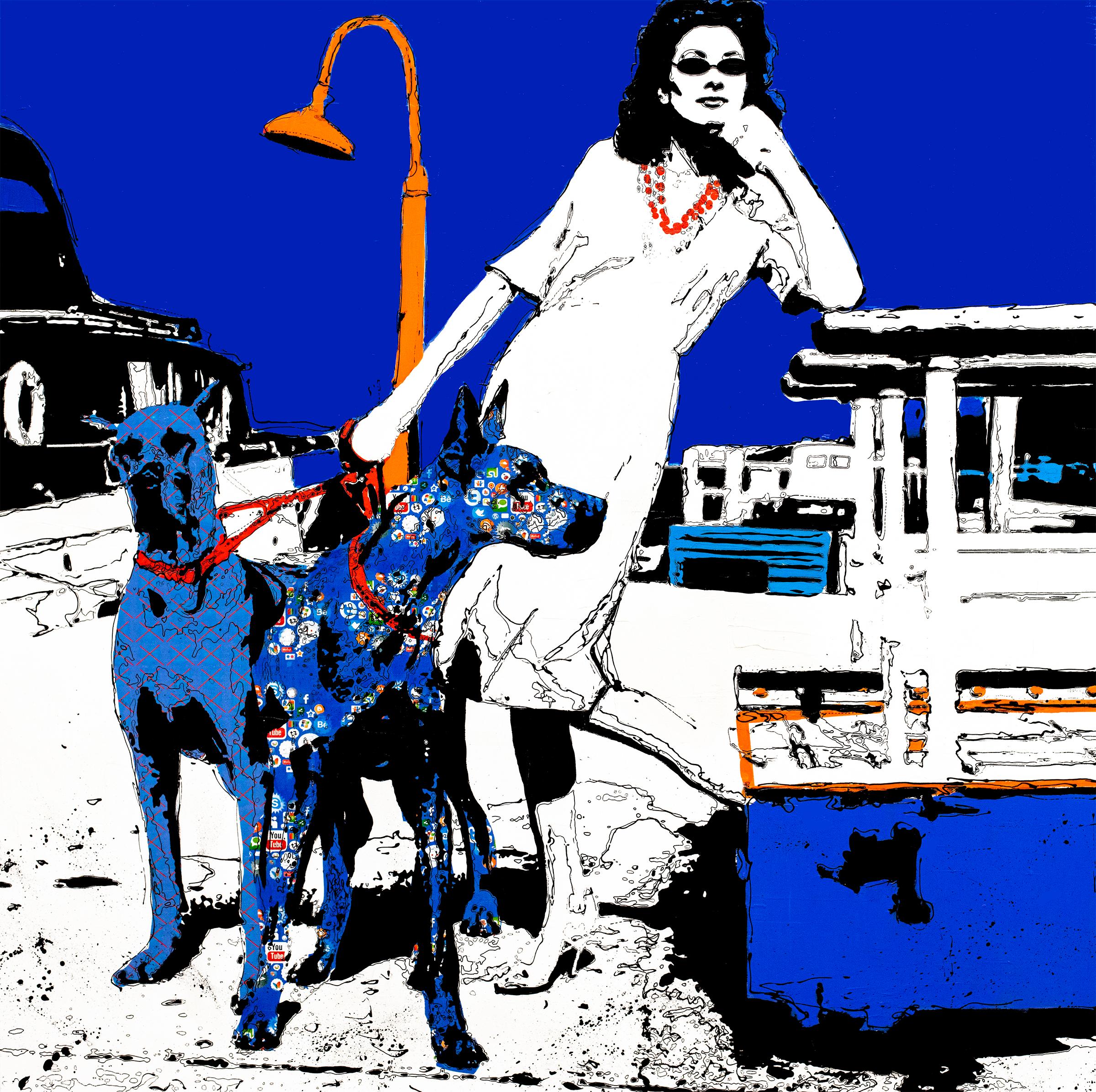 "Walking The Dogs" woman in sunglasses holds orange leashes worn by two big dogs - Mixed Media Art by Holly Manneck