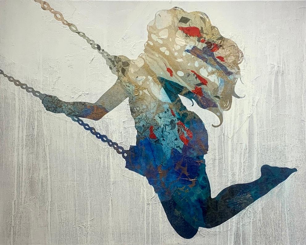 Christopher Peter Figurative Painting - "Swing Thing" vivid color female silhouette on swing, the wind catches her hair 