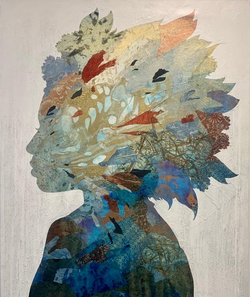 Christopher Peter Figurative Painting - "Born to Bloom X" earth toned female silhouette with patterned, blossoming hair