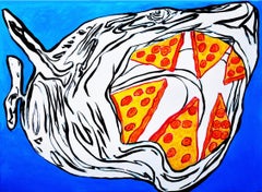 Pizza Shark. Abstract and figurative drawing and tempura on paper, contemporary 